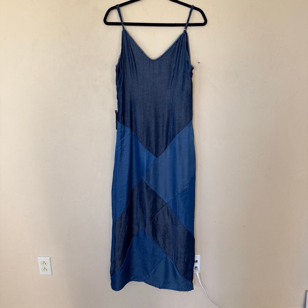 CIEBON Derica Patchwork Slip Dress Blue Satin Maxi Midi V-Neck Slipdress - Picture 10 of 14